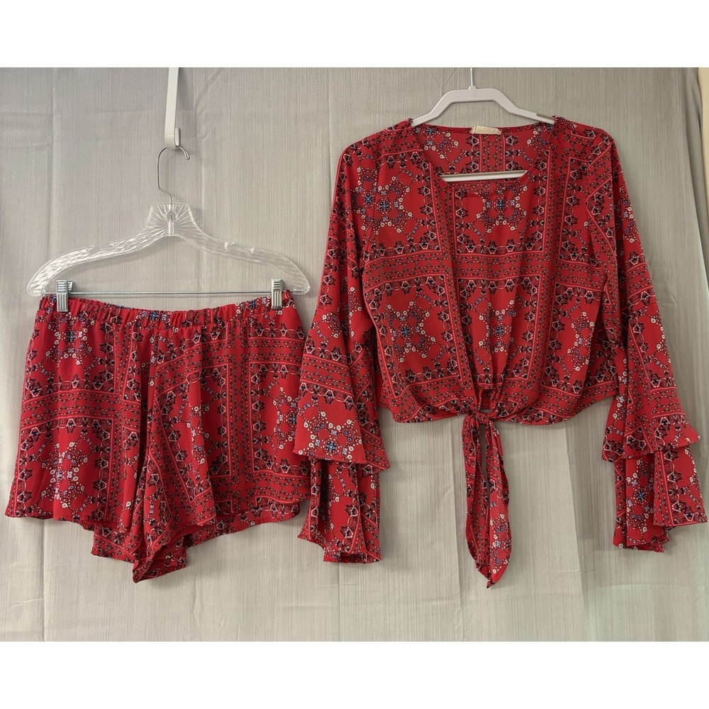 Altar'd‎ State Red Paisley Bandana Crop Tie Front Top and Shorts Set Medium